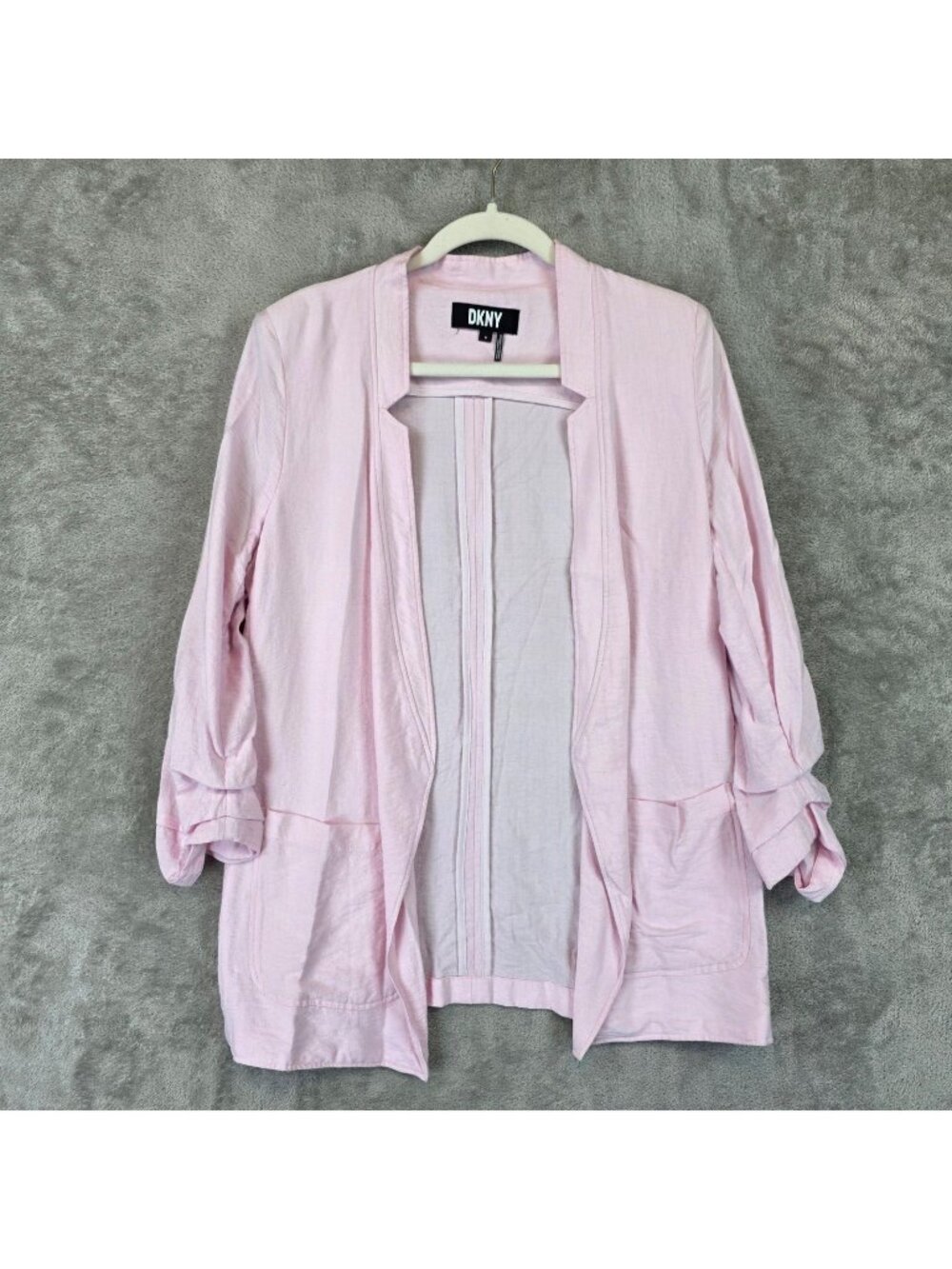 DKNY Blazer Jacket Womens M Pink Lightweight Open Front 3/4 Sleeve Unlined